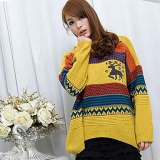 Rxhx Round Bat Stripes Animal Print Knit Sweater (Yellow)