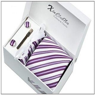 Mens Fashionable Purple White Striped Polyester Ties Set (breatpin random)