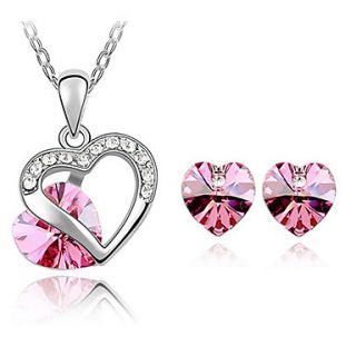 Xingzi Womens Charming Fuchsia Heart Pattern Made With Swarovski Elements Crystal Necklace And Stud Earrings
