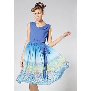 Swd Round Neck Stitching Floral Dress (Blue)