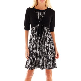 Print Dress with Tie Front Jacket, Black/White