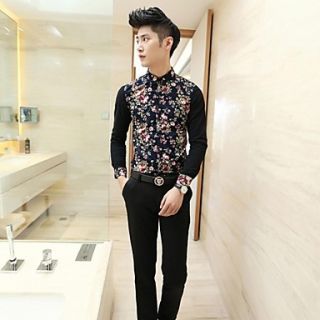 Mens Stand Collar Spring New Fashion Flower Long Sleeve Shirt