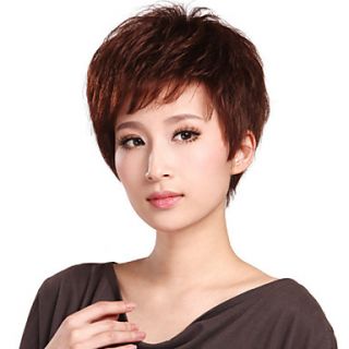 Young Fashion Human Hair Side Bangs Capless Short Straight Chocolate Brown Hair Wig