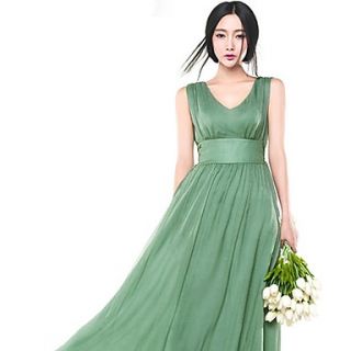Swd V Neck Waisted Large Hem Dress (Green)