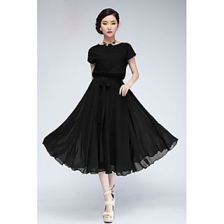 Swd Round Neck Short Sleeve Solid Dyed Waisted Dress Long Belt Included (Black)