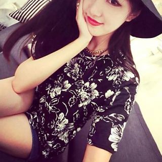 Womens Korean Style Fashion Floral Print Loose Cotton T Shirt