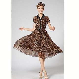 TS Splicing Balck Hem Leopard Chiffon Lapel Long Dress