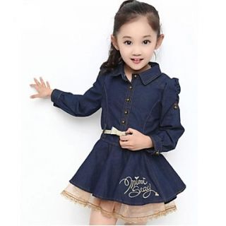 Girls Shirt Collar Bow Denim with Lace Edges Puff Sleeve Dress Belt Included