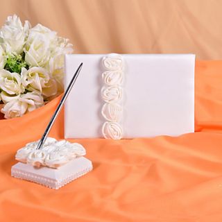 Wedding Guest Book and Pen Set With Decorative White Silk Roses
