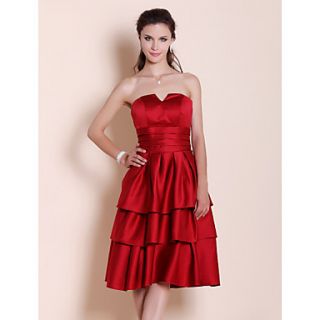 A line Strapless Knee length Tiered Satin Bridesmaid Dress