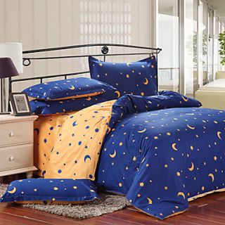 Mankedun Lovely Moon And Star Pattern Royal Blue Cotton 4 PCS Set Bedding