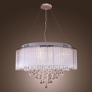 White Crystal Drop 8 Light Pendant Light with Fabric Lamp