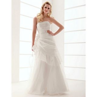 A line Floor length Strapless Tulle Wedding Dress with 3D Flower