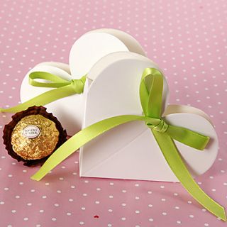Heart Shaped Favor Box In White With Green Ribbon (Set of 12)