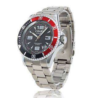Mens Auto Mechanical Black Dial Silver Steel Band Wrist Watch