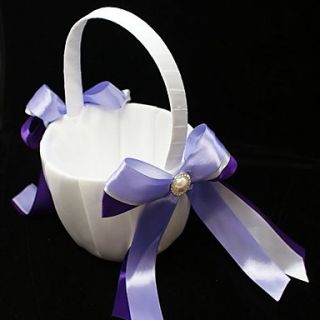 Flower Girl Basket With Double Ribbons And Faux Pearl