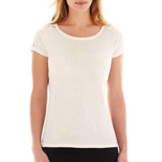 Worthington Short Sleeve Lace Detail Sweater, White, Womens