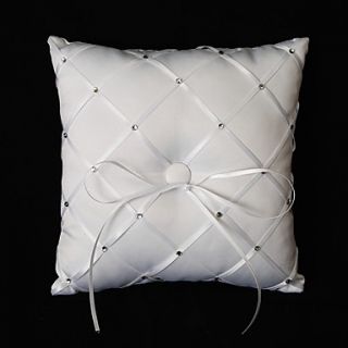 White Satin Ring Pillow With Rhinestones And Bow
