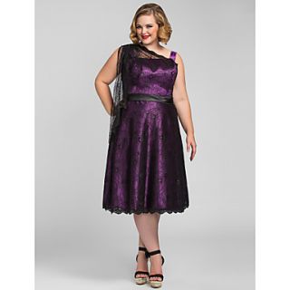 Plus Size A line One Shoulder Lace Stretch Satin Evening/Prom Dress