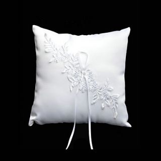 Ring Pillow In White Satin And Lace With Faux Pearl