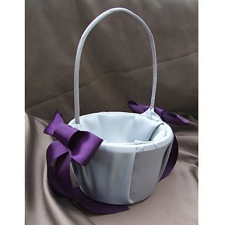 Gray Flower Girl Basket With Purple Ribbon