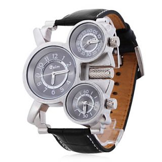 Mens Military Style Three Time Zones Black Leather Band Quartz Wrist Watch