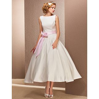Ball Gown Bateau Tea length Satin Wedding Dress
