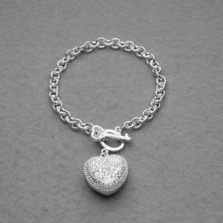 Fashion Silver Plated Rhinestone Heart Charm Womens Bracelet