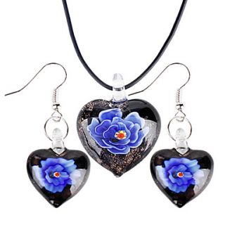 Heart Shaped Vaidurya Necklace and Earring with Flower Painting