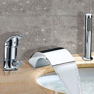 Chrome Finish Two Handles Waterfall Contemporary Widespread Tub Faucet With Handshower
