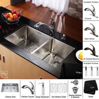 Kraus KHU10333KPF2210KSD30SN 33 inch Undermount Double Bowl Stainless Steel Kitchen Sink with Satin Nickel Kitchen Faucet and Soap Dispenser