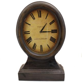 Just On Time London England Large Wood Table Clock (BrownMaterials Composite WoodFinish DistressedRequires one (1) AA battery (not included) Dimensions 23.5 inches high x 14.5 inches wide x 4.5 inches deep )