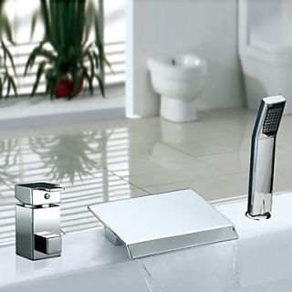 Two Handles Contemporary Chrome Finish Widespread Waterfall Tub Faucet With Handshower