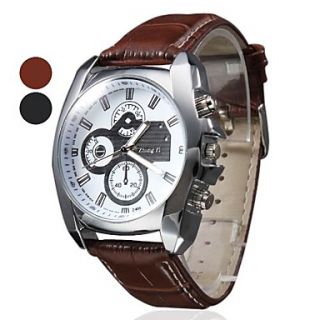 Mens Silver Case Leather Band Quartz Analog Wrist Watch (Assorted Colors)