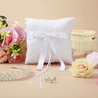 Elegant Wedding Ring Pillow With Lace Cover And Faux Pearl