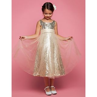 A line Princess Jewel Tea length Tulle Flower Girl Dress (551499)