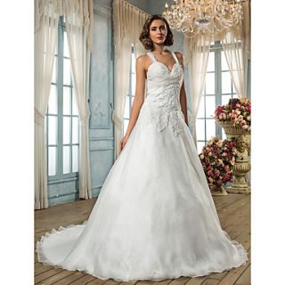 A line Princess Straps Sweep/Brush Train Organza Wedding Dress (586045)