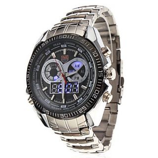 Mens Double Movement LED Ana Digi Multi Functional Silver Alloy Band Wrist Watch