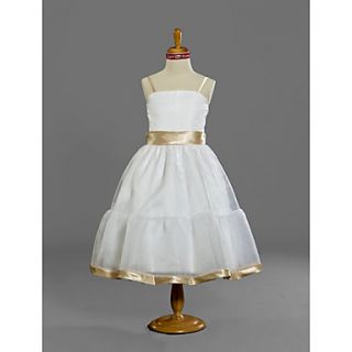 A line Spaghetti Straps Tea length Satin Tulle Junior Bridesmaid Dress