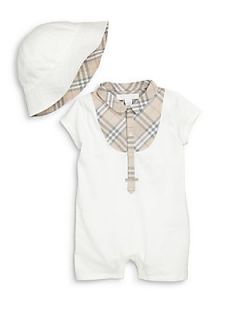 Burberry Infants Two Piece Check Bib Playsuit & Hat Set   White