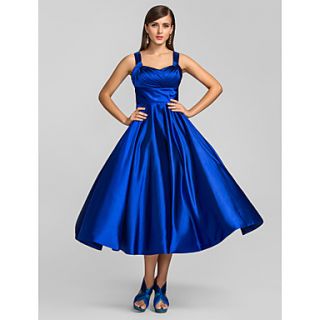 A line Princess Straps Tea length Stretch Satin Cocktail/Prom Dress (635894)