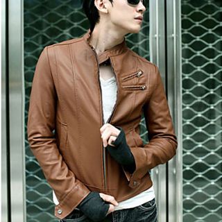 Mens Stand Collar PU Leather Slim Jacket