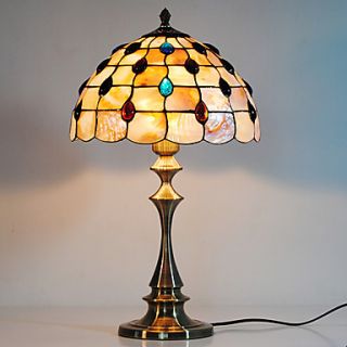 40W Retro Warm Table Lamp With Natural Shell Shade And Vertical Pole Patterned With Roses