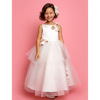 A line Princess Jewel Ankle length Tulle And Satin Flower girl Dress(618894)
