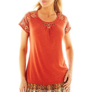 Alfred Dunner Birds of Paradise Embroidered Sleeve Knit Top, Paprika, Womens