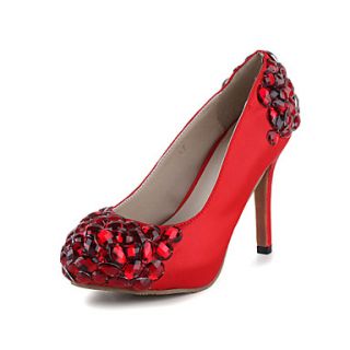 Tasteful Red Satin Pumps with Red Rhinestone Wedding Shoes