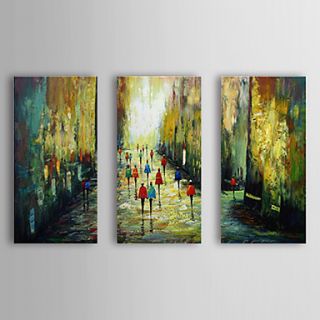 Hand Painted Oil Painting People Walking in the Street with Stretched Frame Set of 3 1309 PE1023