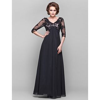 A line V neck 3/4 Length Sleeve Lace And Chiffon Floor length Mother of the Bride Dress