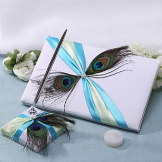 Wedding Guest Book And Pen Set With Twin Peacock Feather