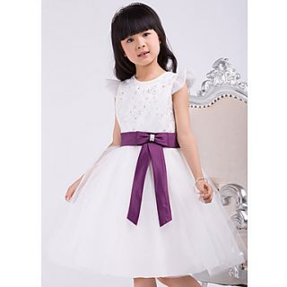 A line Princess Jewel Knee length Satin And Tulle Flower Girl Dress With Bow